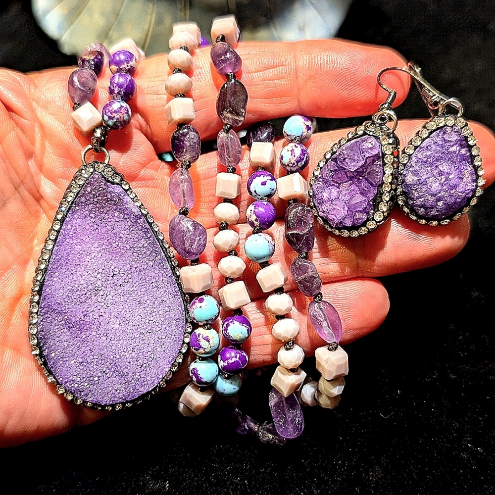 Natural gemstone purple, pendant & earrings set
